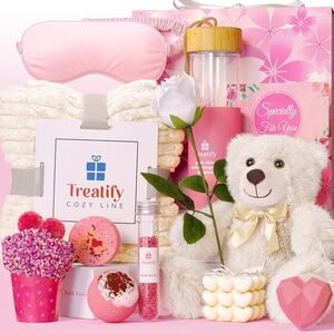 Brand New Spa Self-Care Gift Basket Relaxation Rose Bath & Body Set Blanket Bear